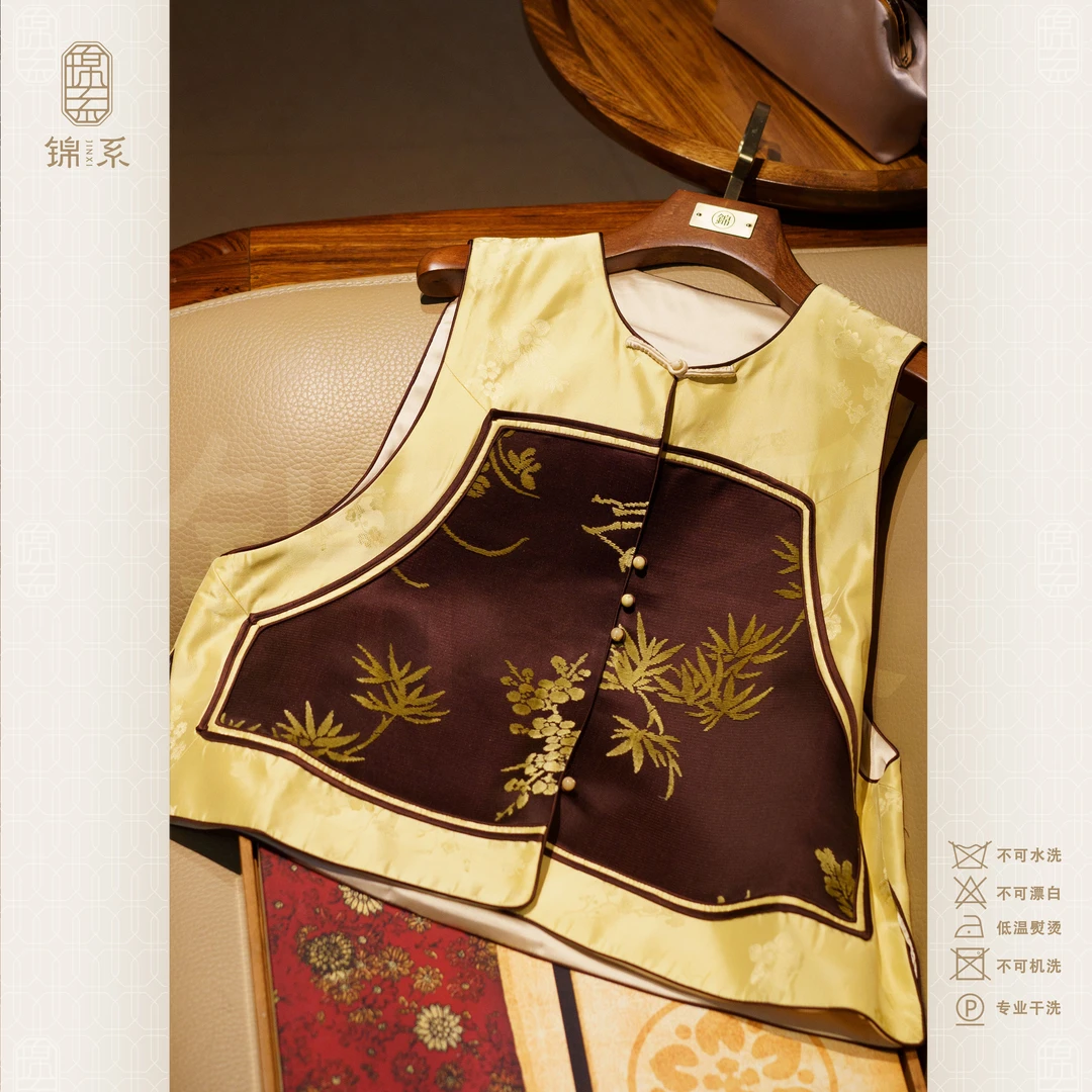 【锦系~新款】漳绒新中式国风桑蚕圆领直襟马甲背心-E-382602