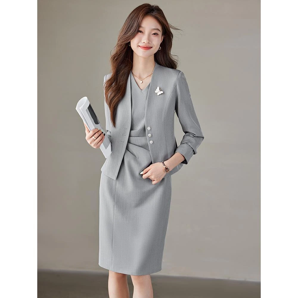 灰色职业装西装套装裙女春秋2025新款高级感主持人工作服西服外套