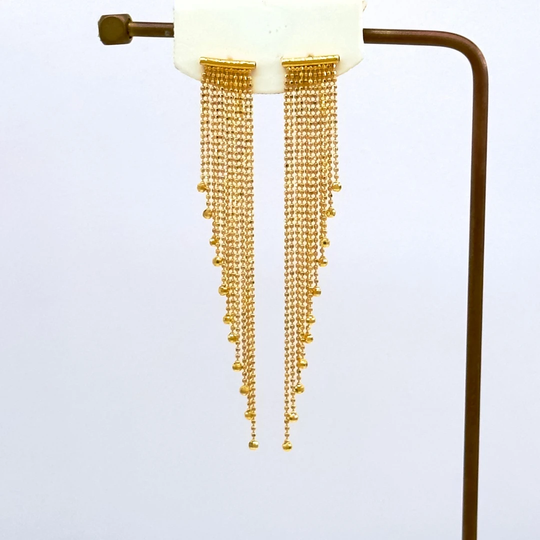 庚震黄金足金999闪亮瀑布流苏7字针耳钉耳吊6.31