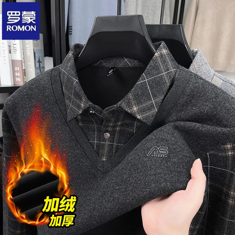 罗蒙冬季新款加绒加厚假两件针织衫男士保暖休闲商务百搭打底衫