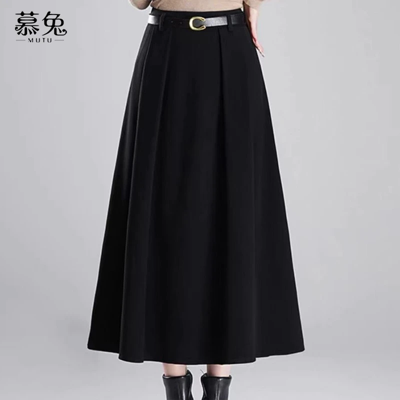 【小松鼠专属】TU21834法式复古百褶半身裙女款高腰中长款毛呢a字裙