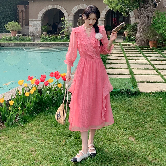 法式温柔风荷叶边连衣裙夏季女2025新款设计感显瘦甜美松紧A字裙