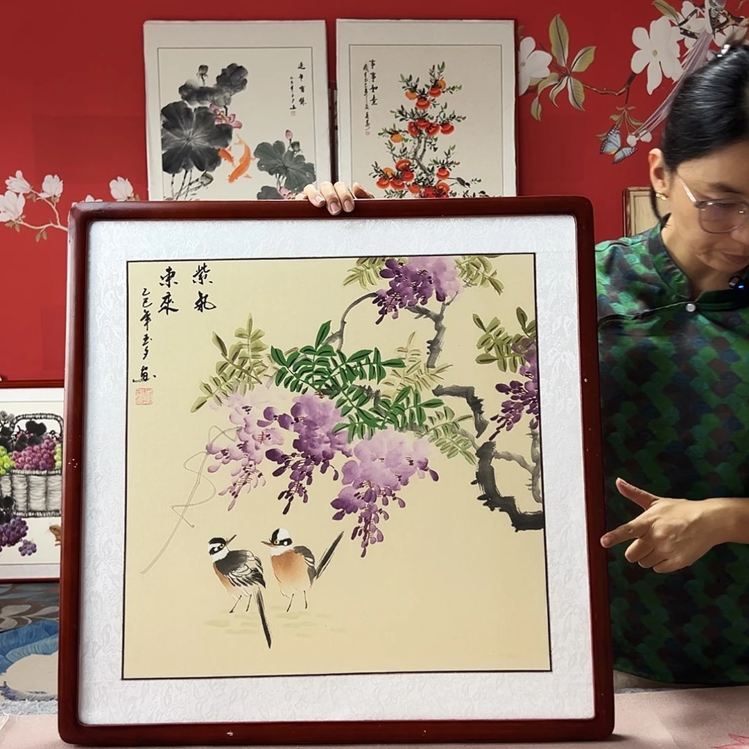 国画手写手绘国画作品带框包邮62✖️62