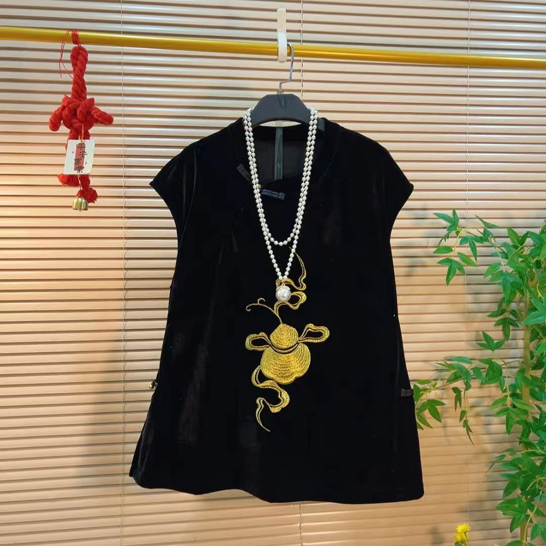 优雅气质葫芦刺绣复古盘扣上衣女胖YY2025早秋新款新中式国风T恤