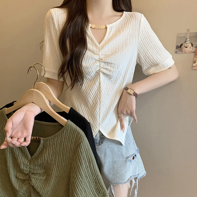 19356（29）夏装新款女胖妹妹大码辣妹甜美纯欲风别致开叉上衣短袖