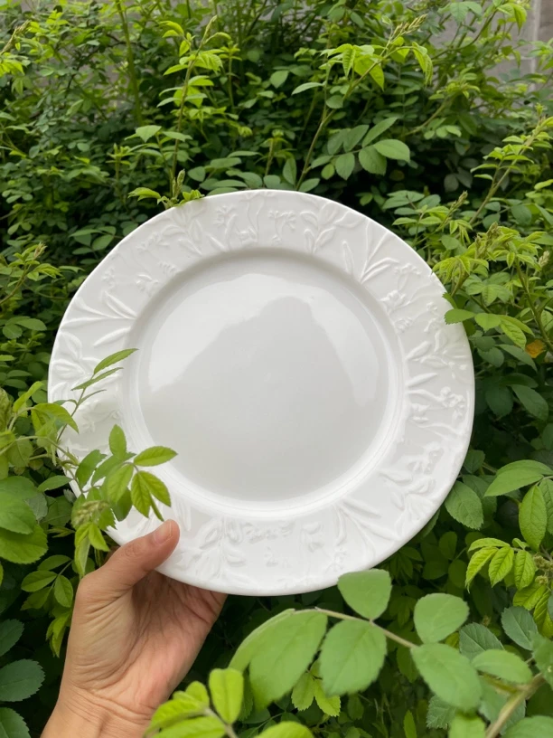 936白色立体浮雕家用简约陶瓷10寸餐盘