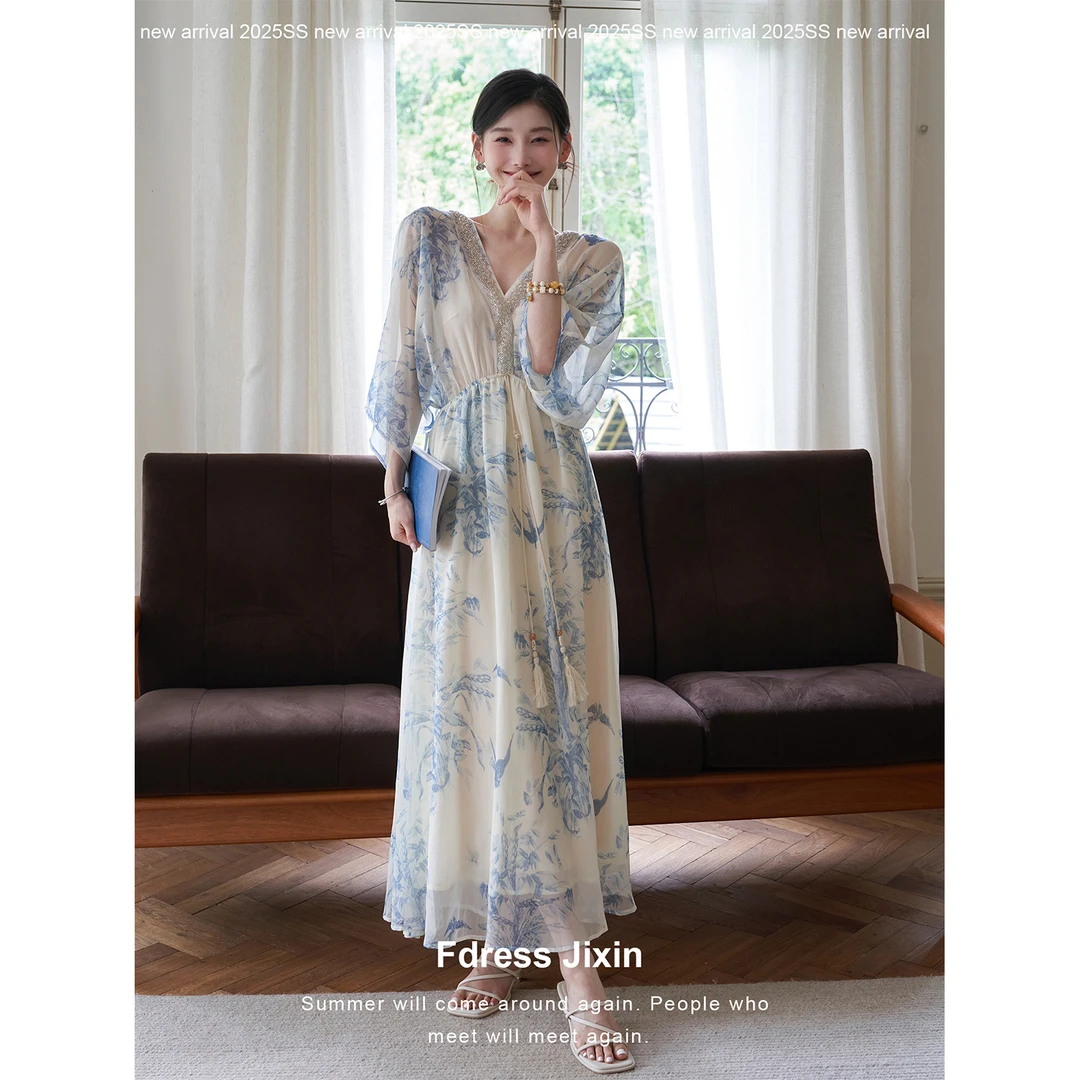 《青岫》蝙蝠袖古风白描印花收腰连衣裙莫代尔打底吊带