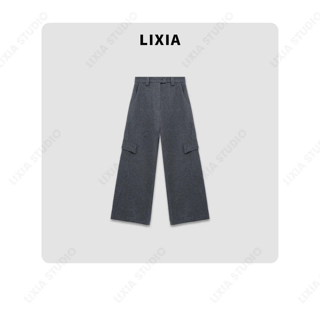 LIXIA【潮游出玩】韩款工装风侧口袋含羊毛休闲毛呢长裤-A8225