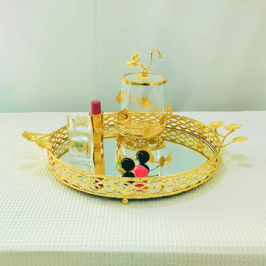 欧式轻奢镜面托盘客厅茶几餐桌大果盘家居别墅样板房复古高端摆件
