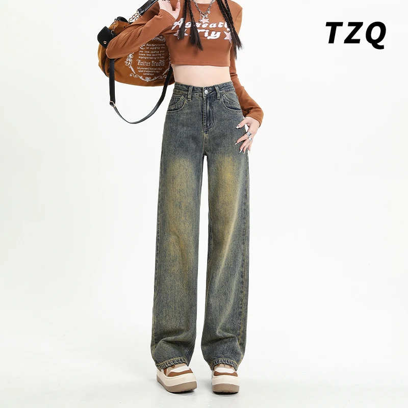 美式怀旧蓝阔腿牛仔裤女2025春秋新款高腰显瘦直筒裤子TZQ2511414