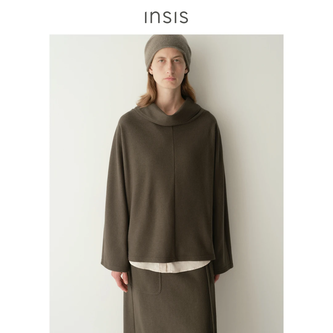INSIS FEMME天丝绵羊毛2025冬季新款简约文艺大翻领连袖T恤上衣女