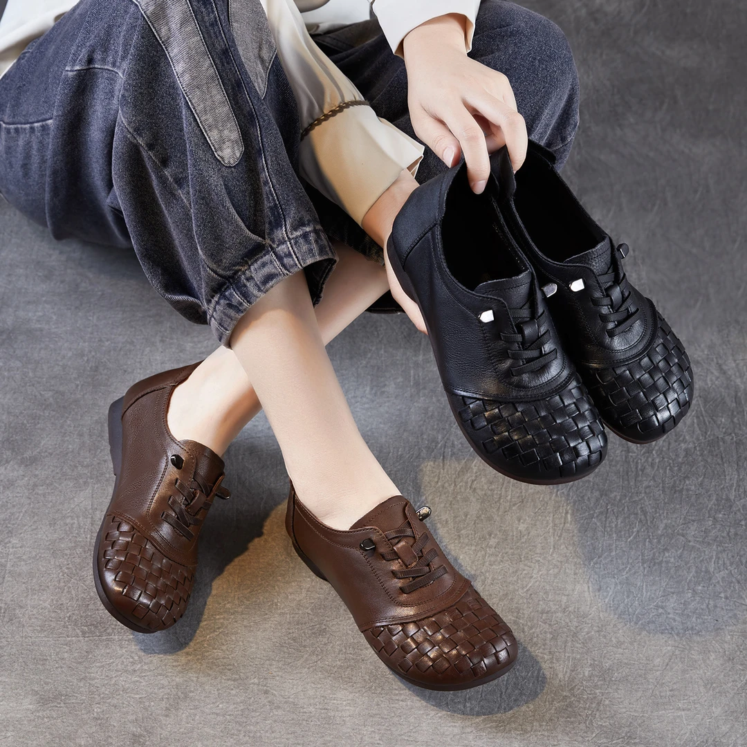 文艺复古真皮编织女鞋2025秋季新款头层牛皮系带软底软面妈妈单鞋
