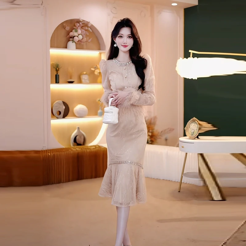 秋冬名媛风高贵轻奢蕾丝假两件鱼尾裙钉珠长袖修身包臀连衣裙1757