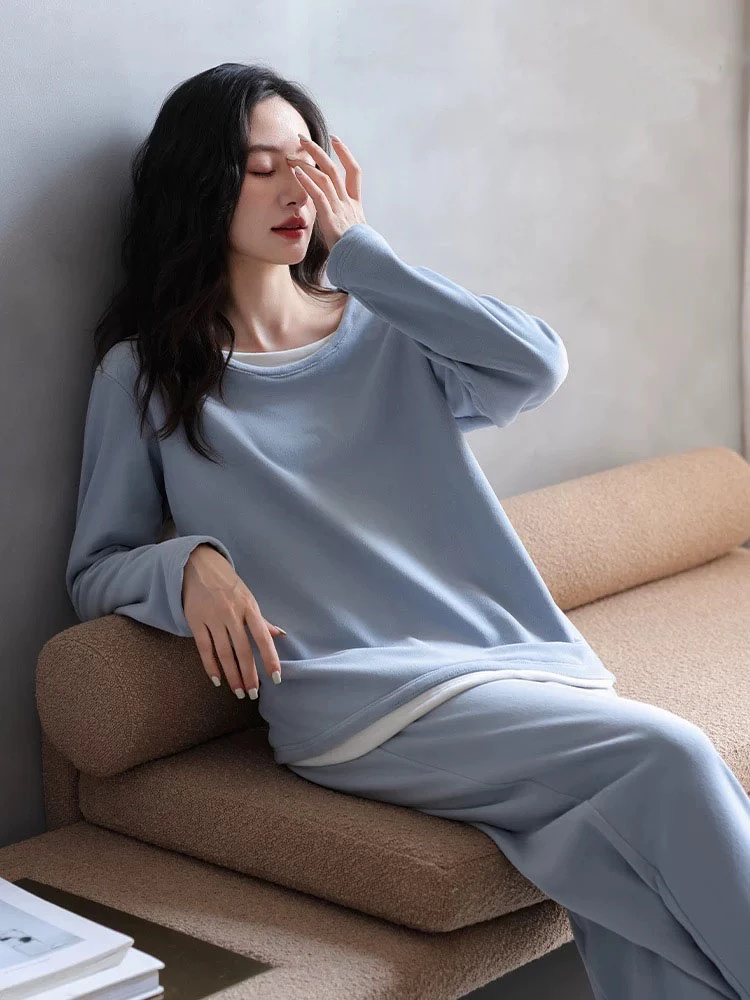 睡衣女秋冬款冬季假两件海岛绒家居服蓝色高级感法兰绒套装珊瑚绒