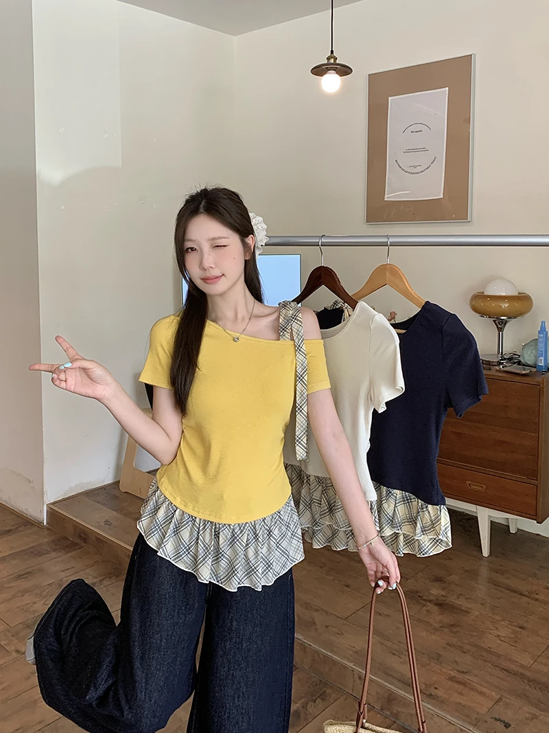 【运补6-10】2025夏装新款胖mm大码女韩版露肩拼接格子绑带短袖T恤