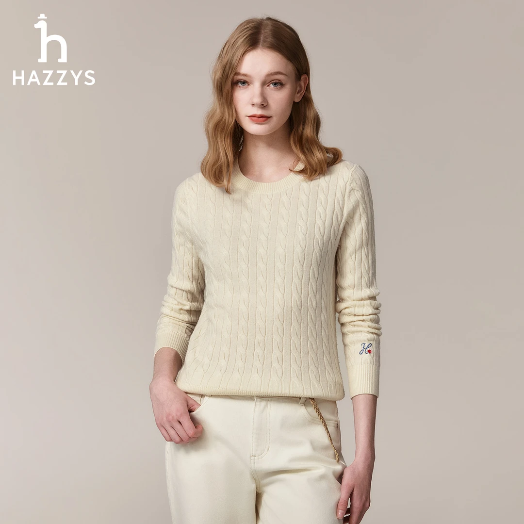 HAZZYS哈吉斯秋冬季女士圆领羊毛衫休闲套头绞花毛衣长袖针织衫