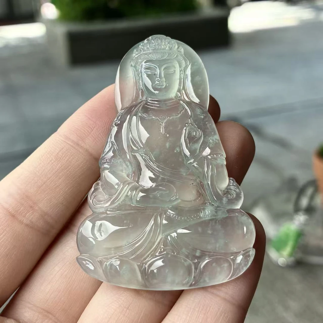 天然a货缅甸翡翠尺寸59.5/37.2/4.6 高冰蓝底观音吊坠,种好起光
