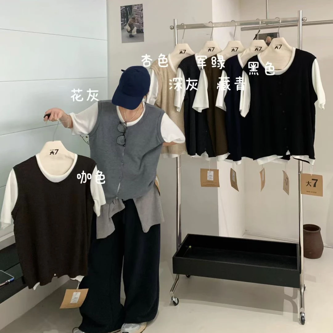 新款假两件针织开衫短袖