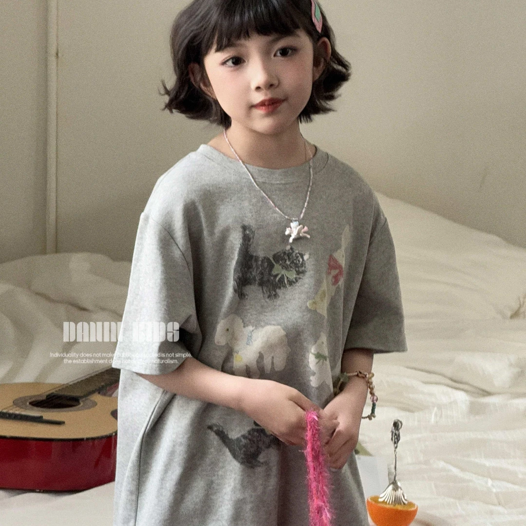 【嗒囜】女童25夏季新款宽松卡通印花短袖T恤儿童韩版百搭圆领上衣