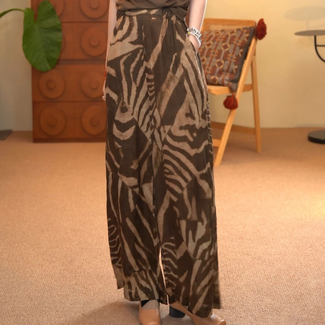 顾玖儿100%苎麻咖花百搭休闲裤#H1636