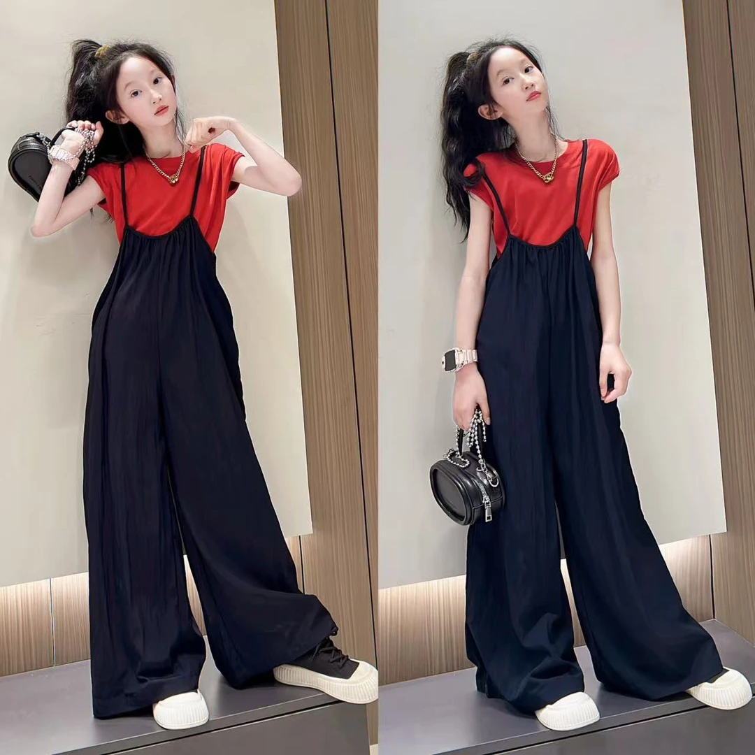 女童背带裤套装2025夏装新款韩系儿童宽松休闲短袖两件套春夏