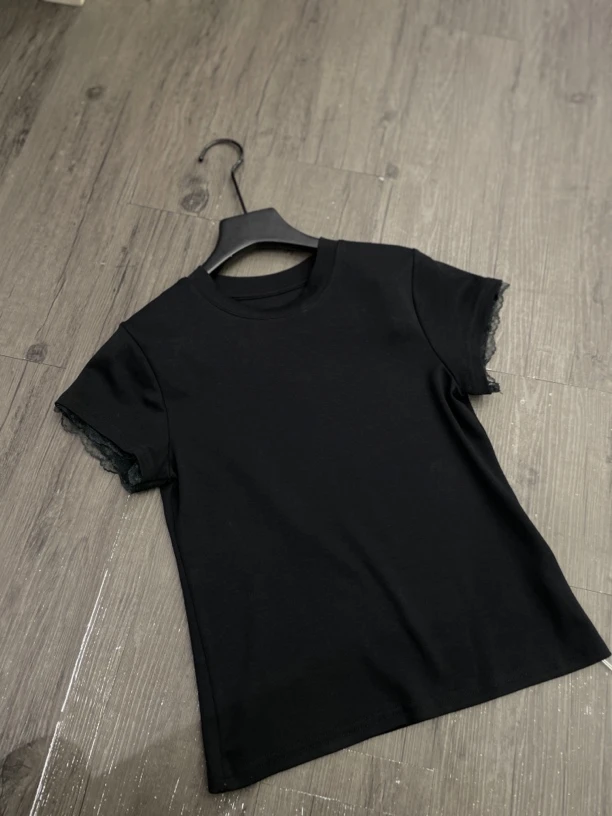 8703黑色短袖t蕾丝袖口