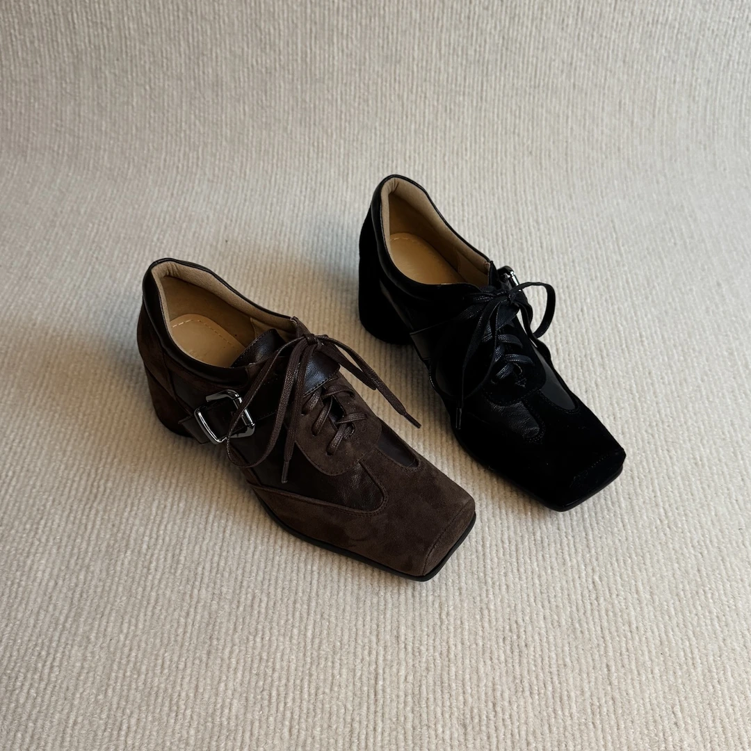 六也「休闲芭蕾」复古法式系带静音方头真皮气质百搭单鞋女 L1346