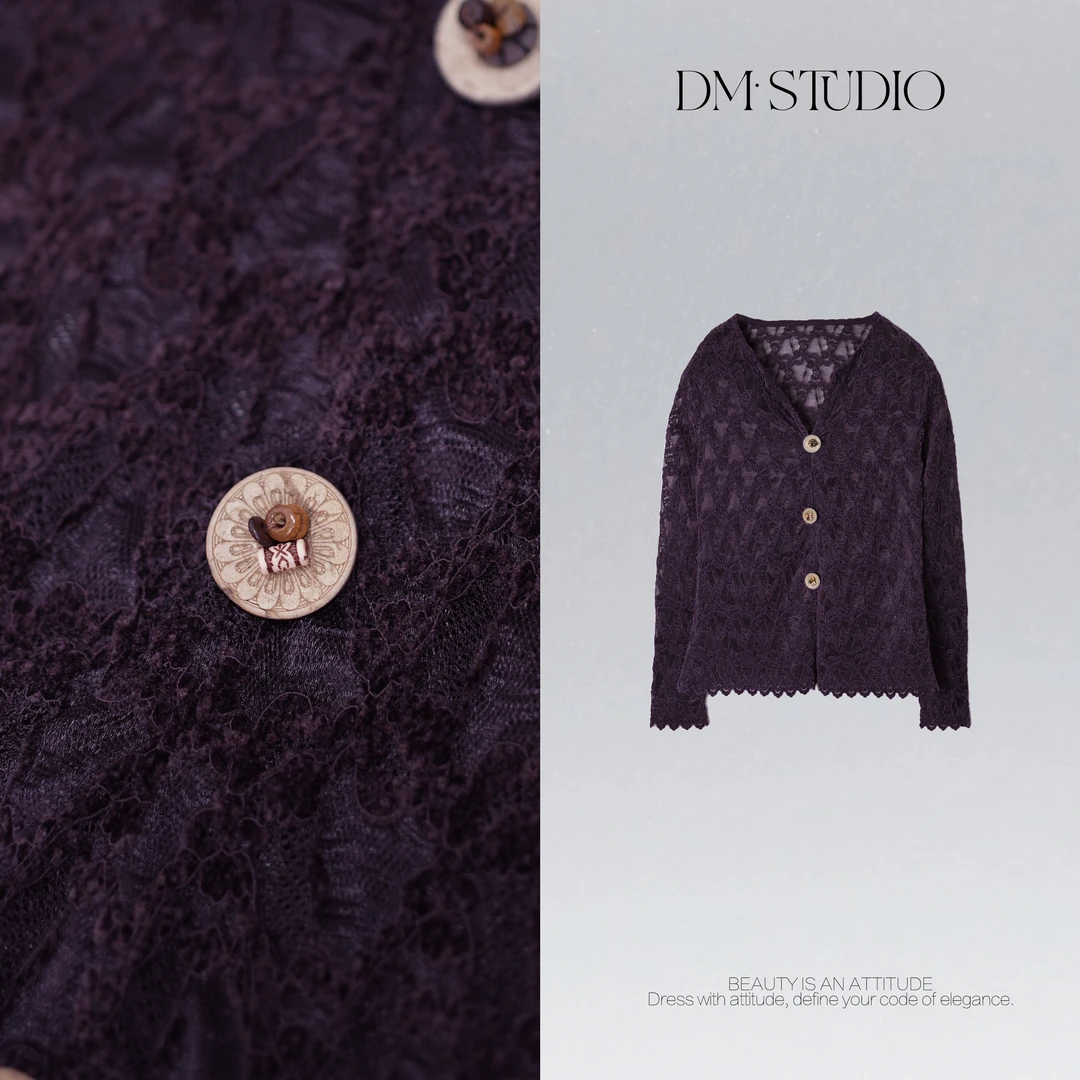 DEDM•STUDIO/小众设计感破边V领植绒蕾丝上衣2508ZZS/52X162