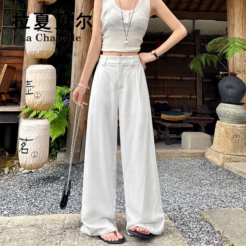 拉夏贝尔高腰棉麻阔腿裤女夏季薄款垂感老钱风休闲宽松阔腿西装裤
