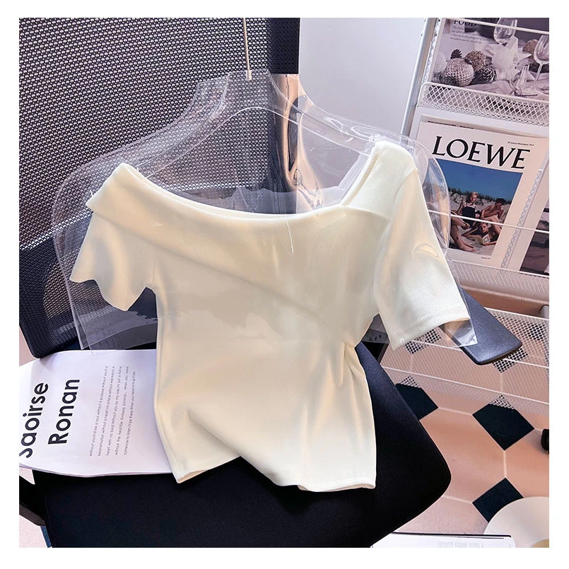 法式斜领白色正肩短袖T恤女新款夏季显瘦网红小众洋气时尚上衣ins