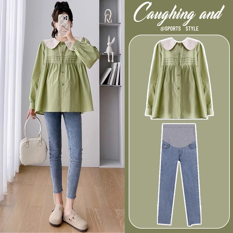 孕妇上衣春款遮肚子娃娃衫春秋2025新款小个子宽松长袖春装套装女