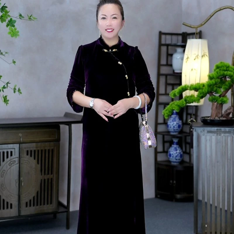 妙赐【MIAOCI】90147时尚精质款宽松遮肉旗袍领喇叭分袖连衣裙