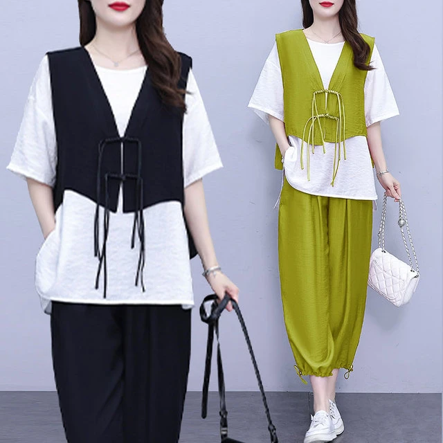 新中式大码休闲套装女2025新款夏季胖妹妹时尚减龄洋气修身三件套