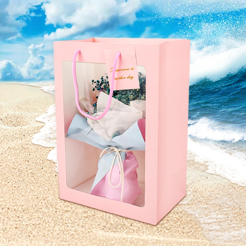 情人节橱窗手提袋鲜花开窗袋透明礼品袋花束手拎式包装袋花艺材料