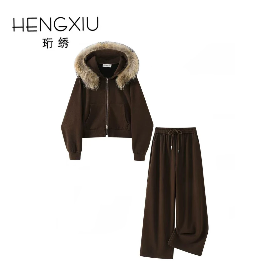 珩绣连帽上衣垂感阔腿长卫裤加绒保暖两件套T25867