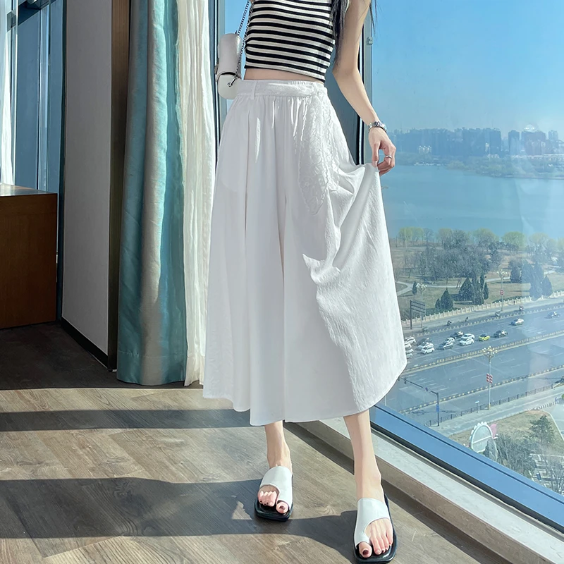 白色裤裙女2025新款夏季薄款九分蕾丝绑带高腰垂感休闲八分阔腿裤