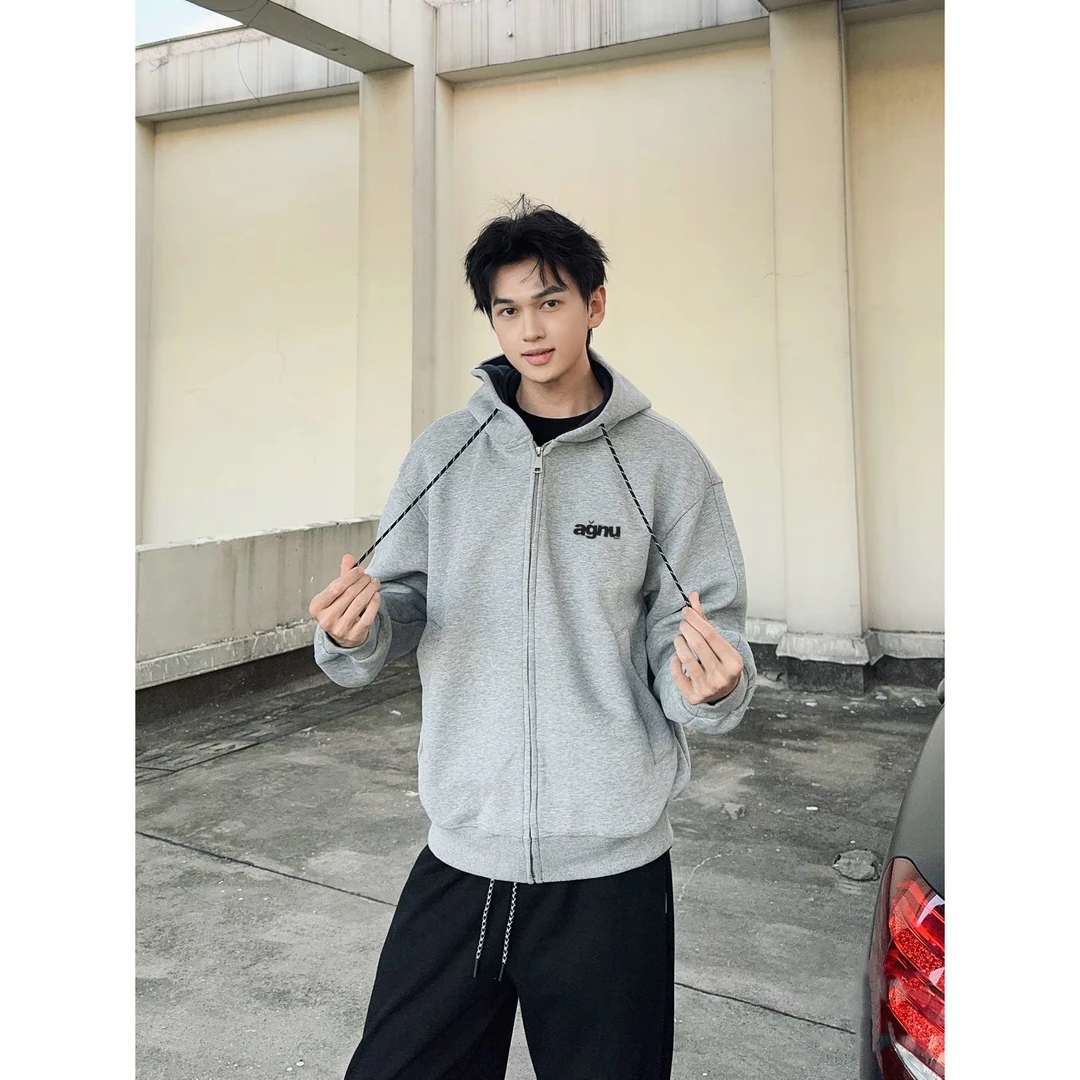 美式复古慵懒风撞色连帽开衫卫衣男女秋冬季休闲百搭重磅情侣外套