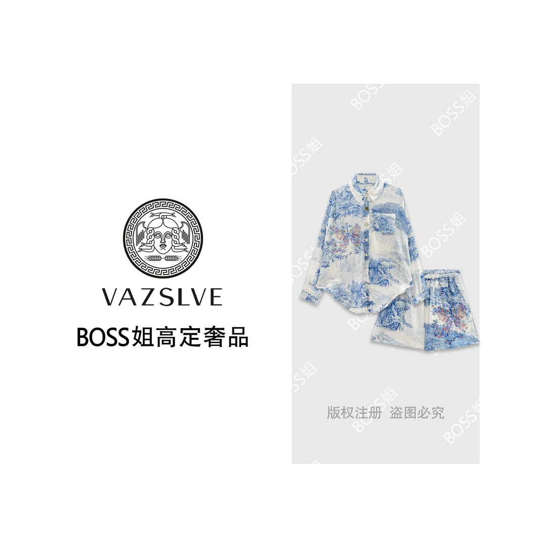 【VAZSLVE/原创设计】重工烫钻蝴蝶青花瓷休闲百搭套装TZ8068