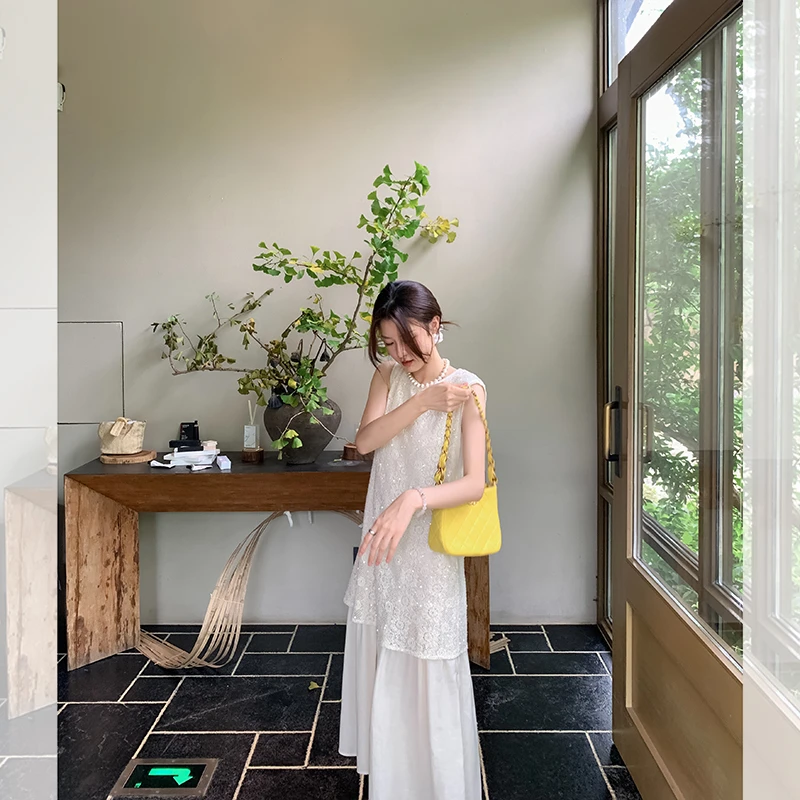 珠片绣花镂空花朵背心裙拼接假两件连衣长裙 QL242081