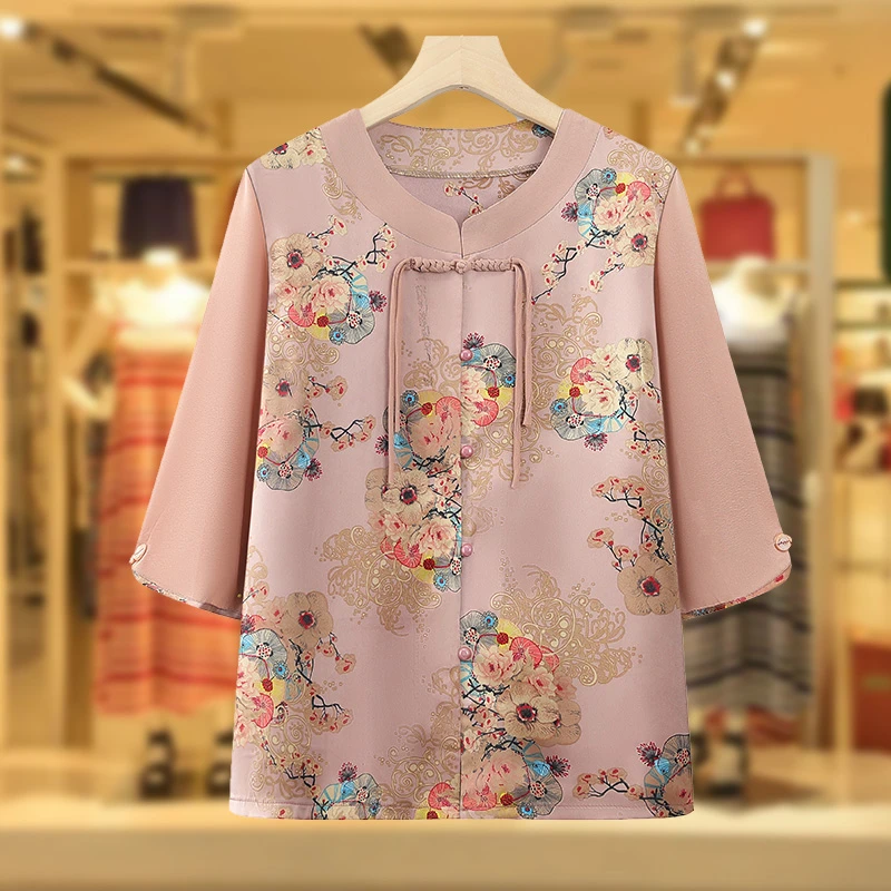 中老年人衬衫女妈妈洋气衬衣奶奶夏装上衣老太太夏季短袖老人衣服