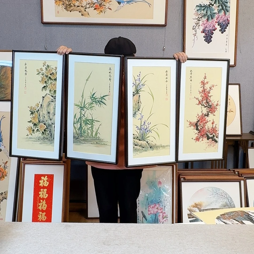 国画纯手绘，纯手写带框尺寸：36×69厘米