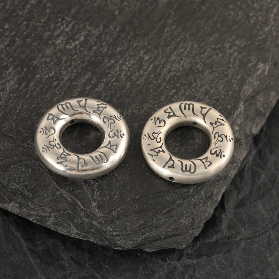 吊坠925银 复古六字真言圆环吊坠编绳配件平安扣手绳项链diy挂件