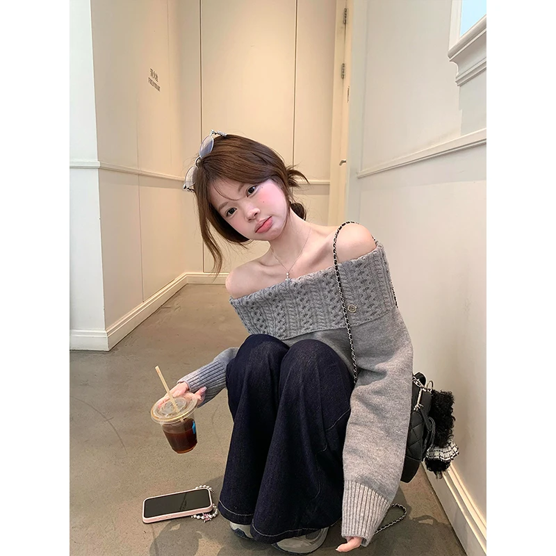 复古慵懒风灰色一字肩针织毛衣女春秋季气质宽松休闲百搭辣妹上衣