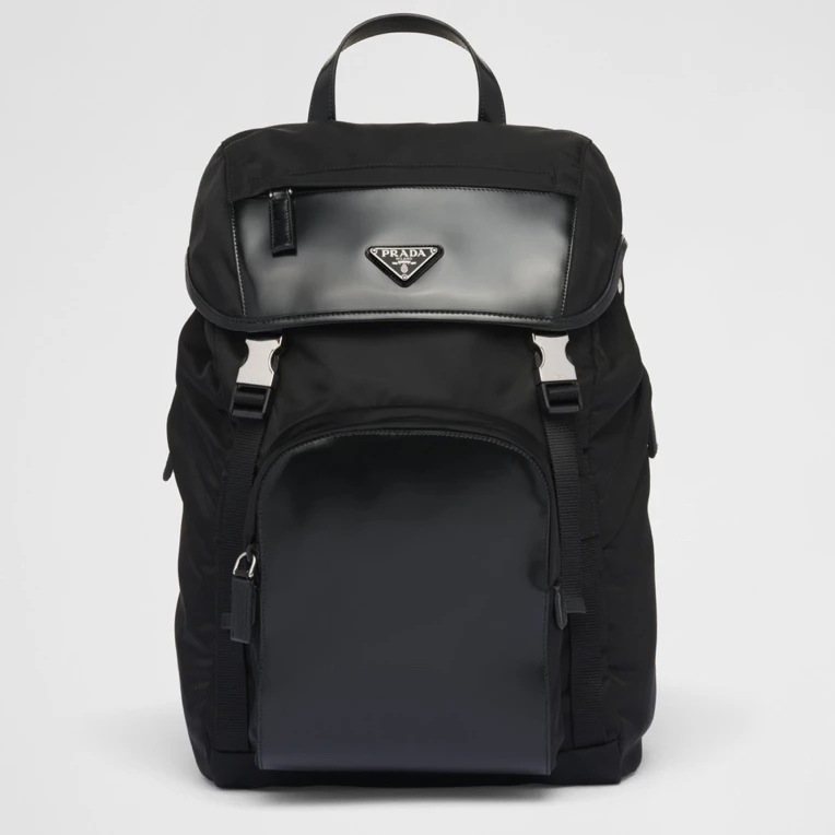 99新 Prada/普拉达 98新Prada普拉达7091黑色尼龙拼皮双肩包背包