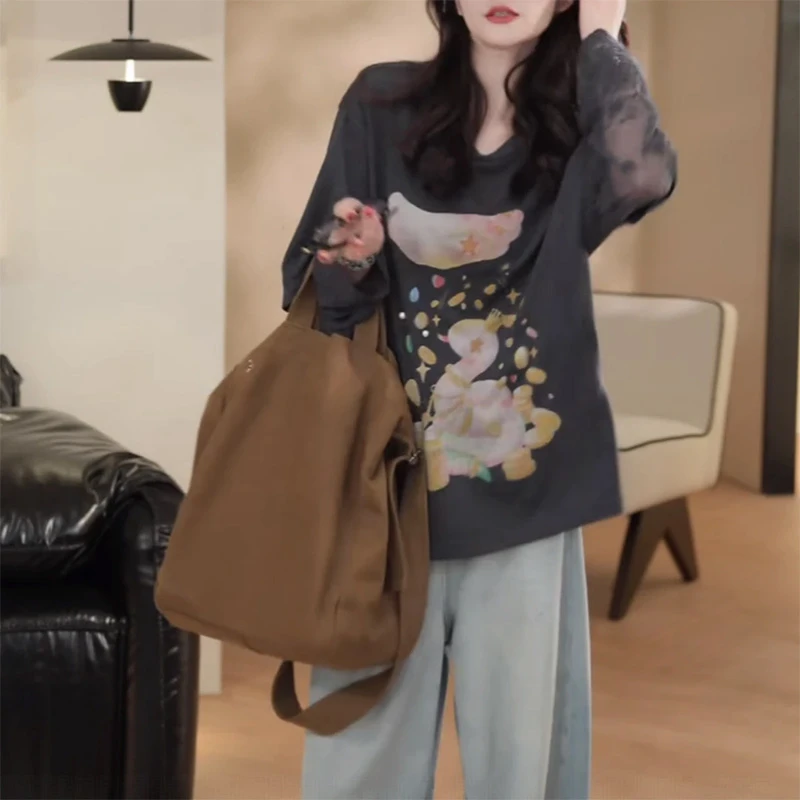 气质拼接复古轻奢休闲显瘦百搭2025夏季新款时尚宽松潮流长袖上衣