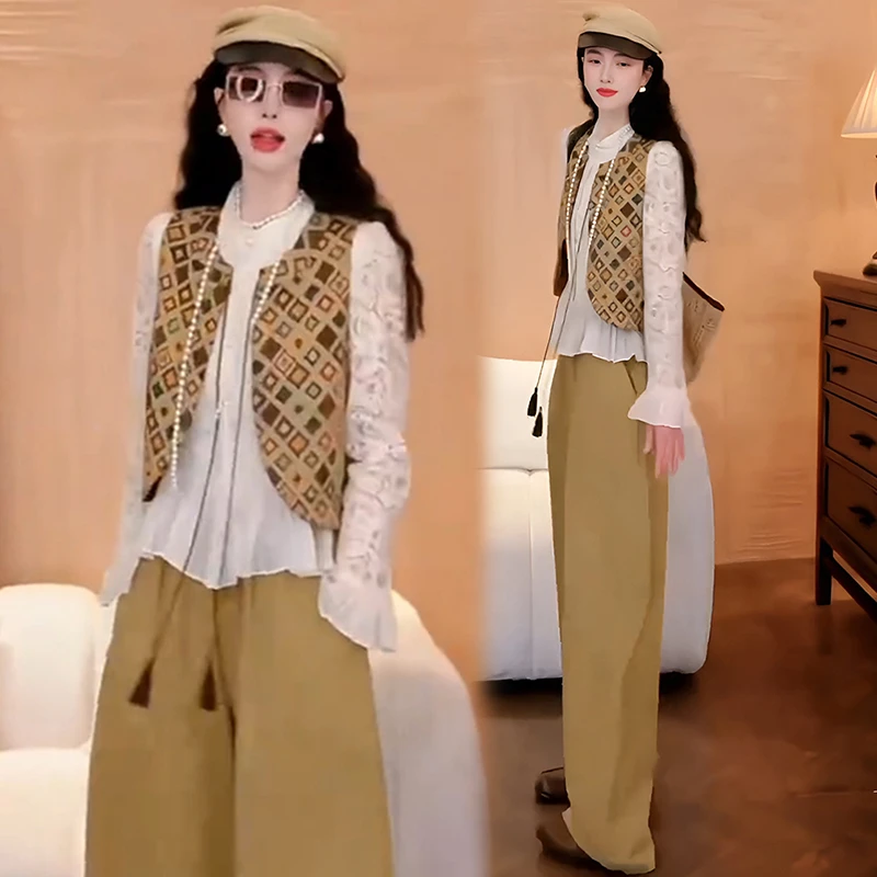 复古休闲风气质套装女蕾丝衬衫马甲背心阔腿裤三件套2026春秋新款