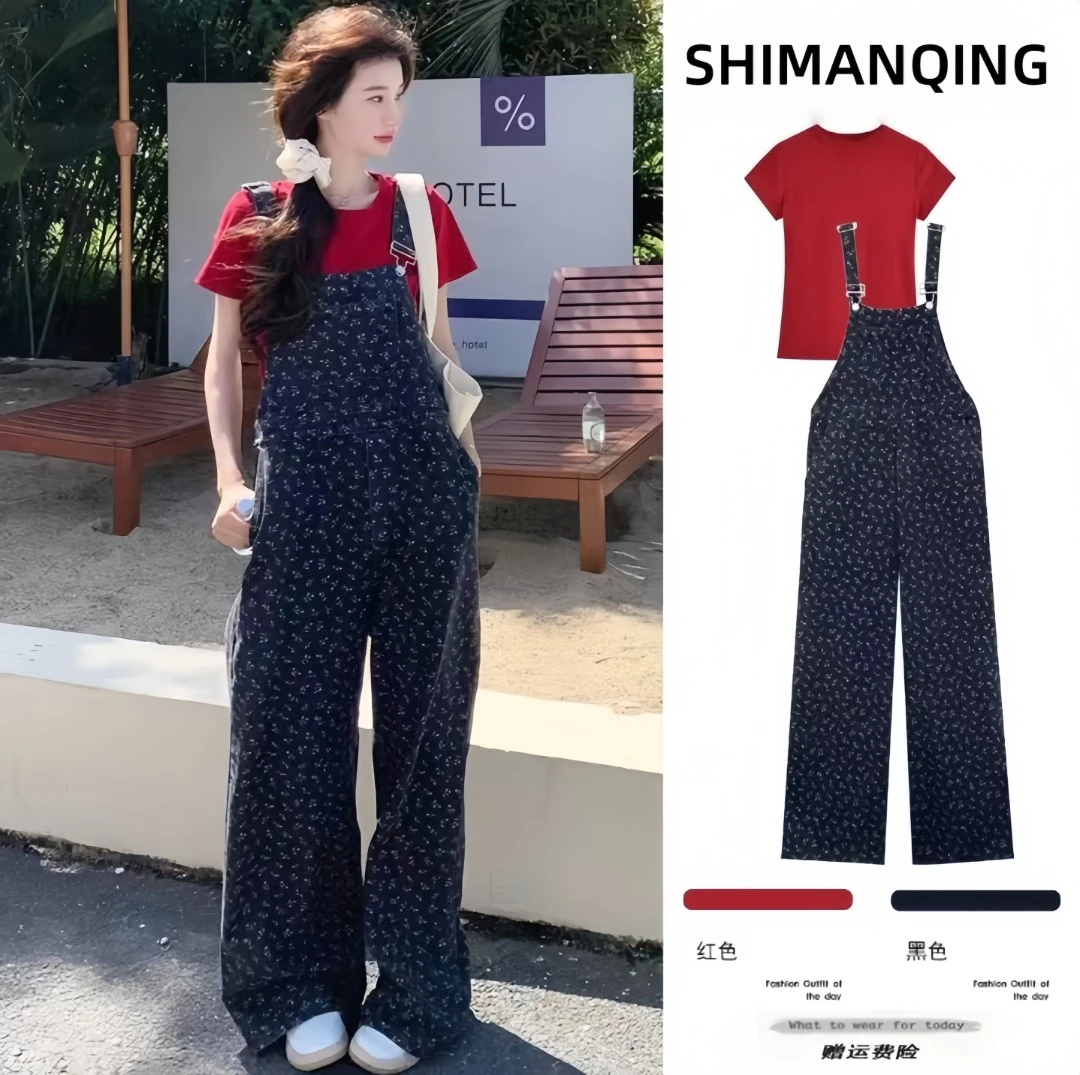 孕妇装夏装新款时尚百搭气质碎花牛仔直筒背带裤减龄孕妇两件套潮