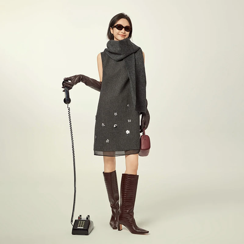 美洋MEIYANG 花花连衣裙 绵羊毛混纺|珠花网纱宽松圆领背心中长裙