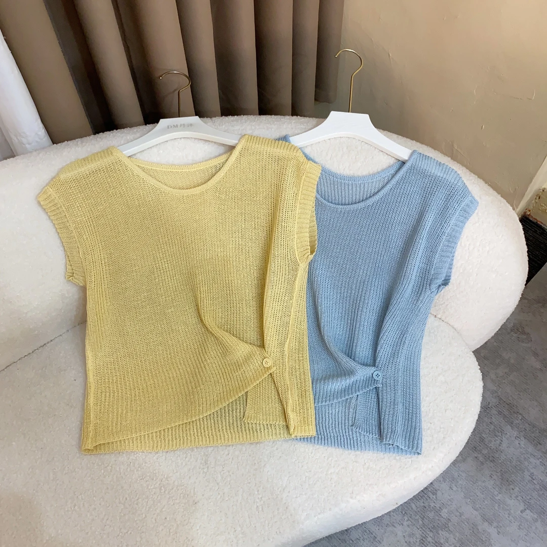 2025夏季短袖坎肩袖新款洋气开叉设计感小衫显瘦气质镂空百搭针织