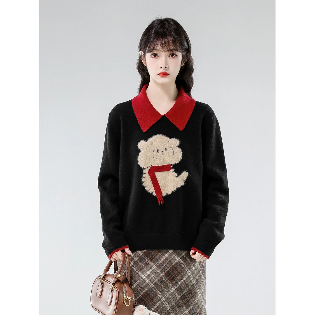 2025秋季新款独特polo领长袖针织衫大码女装胖mm宽松遮肚毛衣上衣